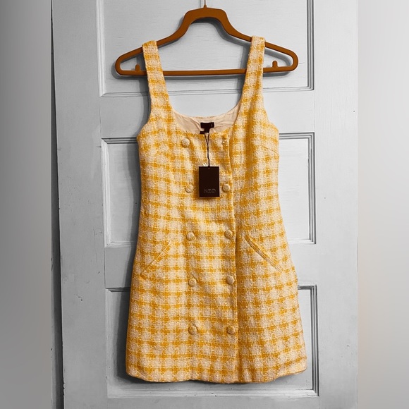 NBD Women’s Size Medium Bergette Mini Dress In Yellow & White • Double Breasted - Picture 3 of 16